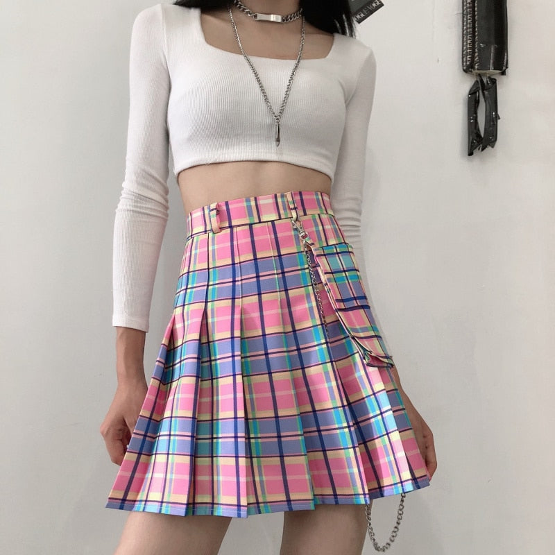 2022 Summer Plaid Y2k Kawaii Pink Woman Mini Skirts Aesthetic A Line Pleated Harajuku Gothic Rainbow Sexy Club Women's Skirts