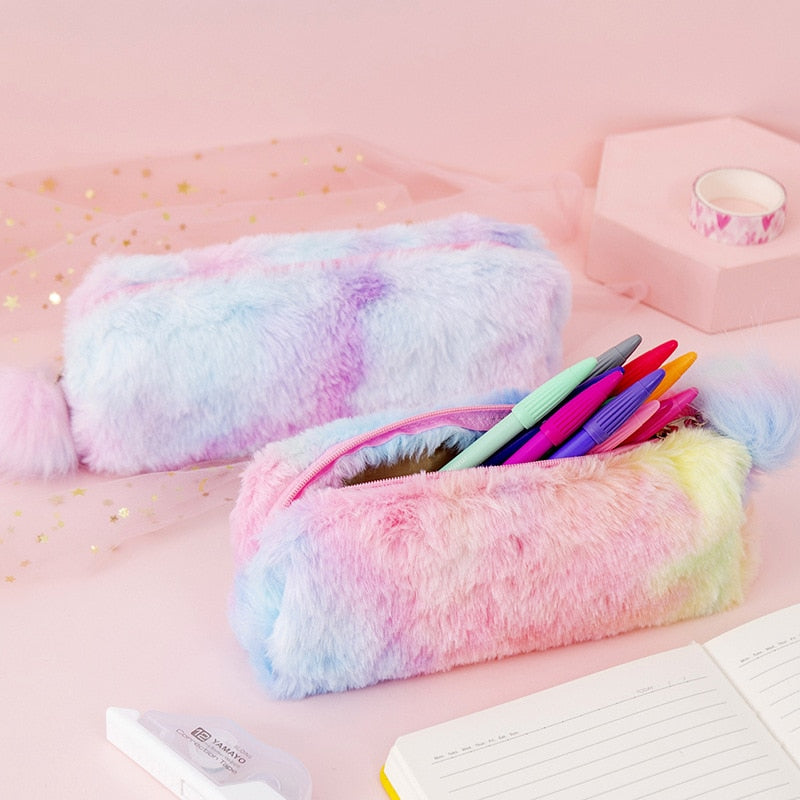 Kawaii Creative Pencil Case Gradient Color Cute Girl Plush Octagonal Pen Bag Girl Student Simple Storage Bag