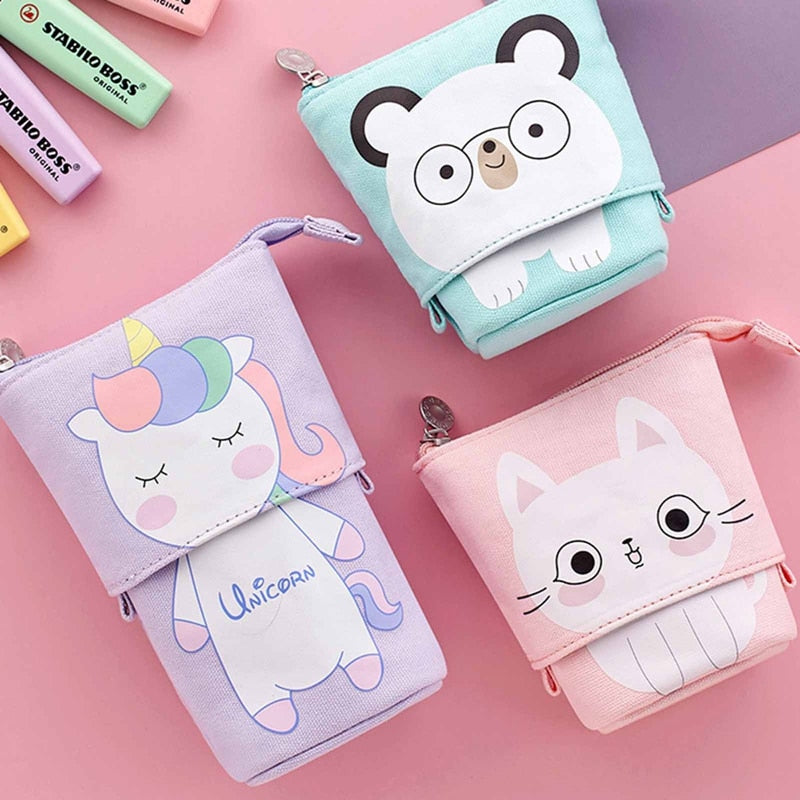 Cute Cat Pattern Retractable Pencil Case School Stationery Bag Kawaii Pen Cases Canvas High Capacity Pen Holder Gifts for Kids