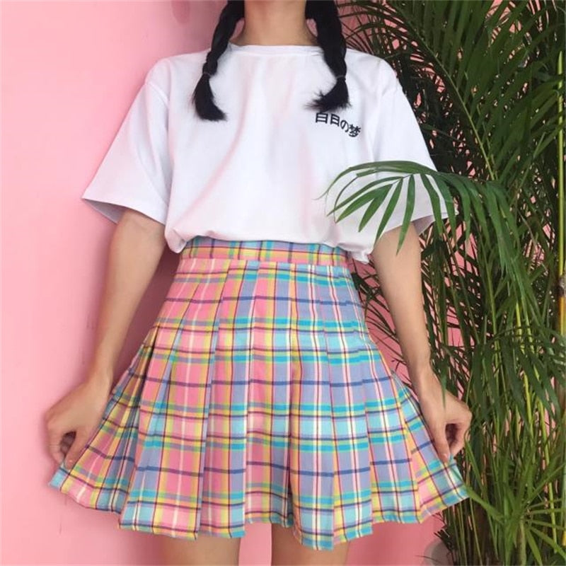 2022 Summer Plaid Y2k Kawaii Pink Woman Mini Skirts Aesthetic A Line Pleated Harajuku Gothic Rainbow Sexy Club Women's Skirts