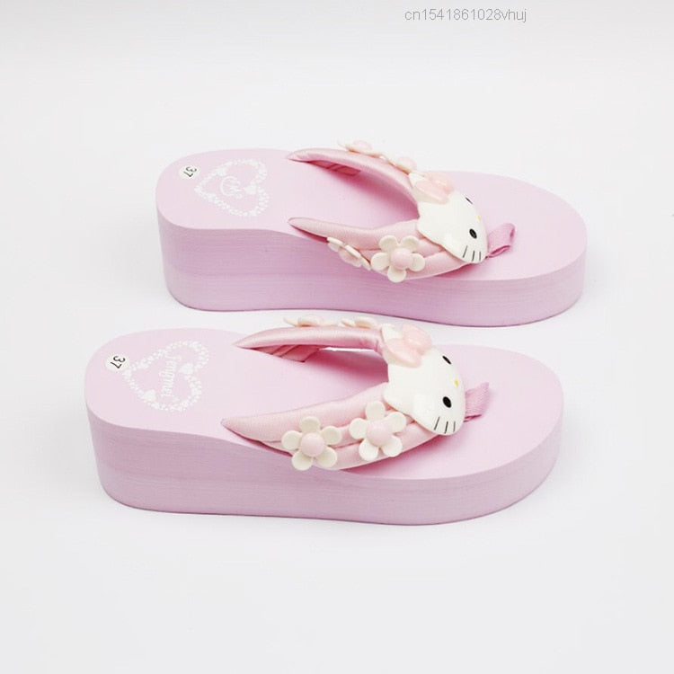 Sanrio Hello Kitty Slippers Y2k Kawaii Cartoon Sandals Fashion Platform Shoes Women Wedge Flip Flop High Heels Slippers Ladies