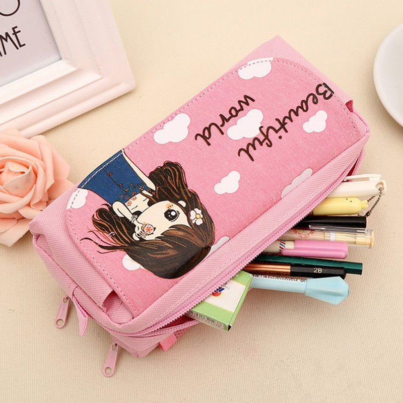 New Cute Beautiful World  Canvas Pencil Case Kawaii Girl School Supplies Pencil Bag Pen Bag Pouch Student Stationery