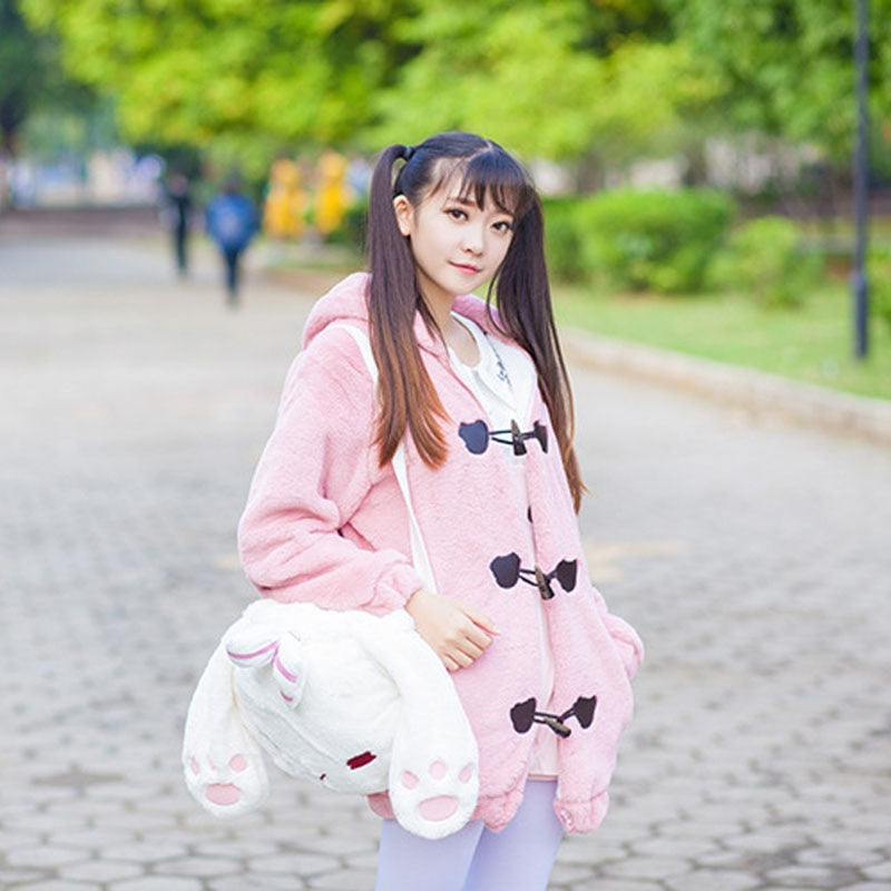 Japanese Rabbit Fluffy Lolita Handbag Luxrury Winter Women Kawaii Shoulder Crossbody Bag Ladies Bowknot Tote Bags with Long Ears