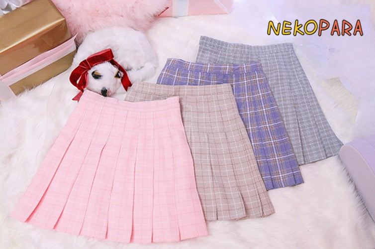 Size XS-4XL Kawaii Girls Japanese Style High Waist Plaid Chest Pleated Skirt Cute Lolita Mini Short Skirt Color Pink & Khaki
