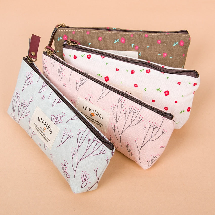 1PC Kawaii Lovely Floral Canvas Zipper Pencil Cases Fabric Flower Tree Pen Bags Plant Stationery Rural Style Pencil Box