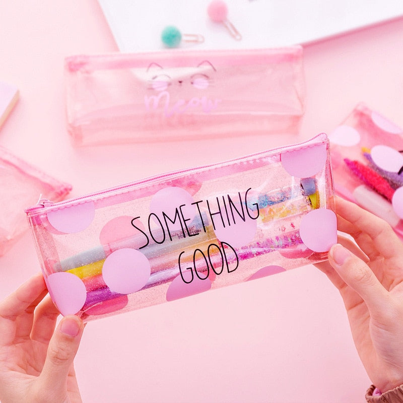 Cute Kawaii pink cat Pencil Case School Supplies for girls Stationery Gift large Pencil bag Transparent pen Bag School Tools