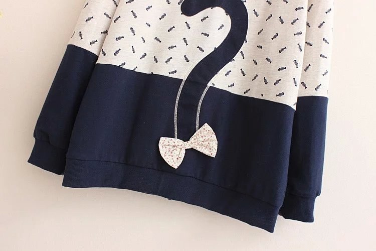 Winter Fleece Kawaii Japanese Pullover Women Cute Sweet Cat Fish Embroidery Mori girls Hoodies Cute Teens Sweatshirts Outwear