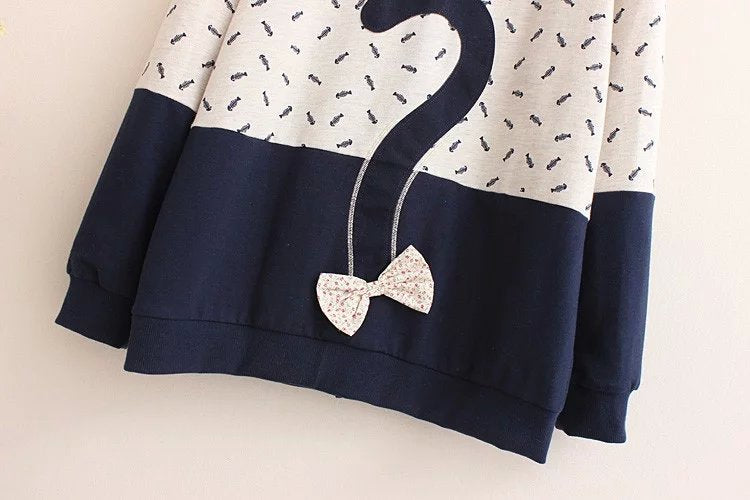 Winter Fleece Kawaii Japanese Pullover Women Cute Sweet Cat Fish Embroidery Mori girls Hoodies Cute Teens Sweatshirts Outwear