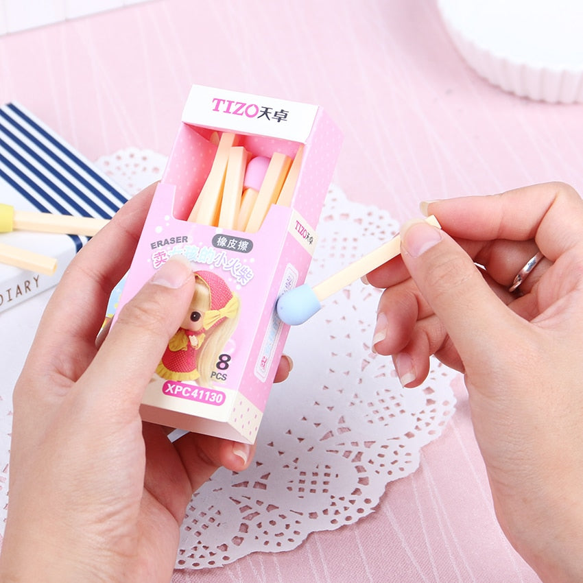 8 PCS/pack Cute Kawaii Matches Eraser Lovely Colored Eraser for Kids Students Kids Creative Item Gift