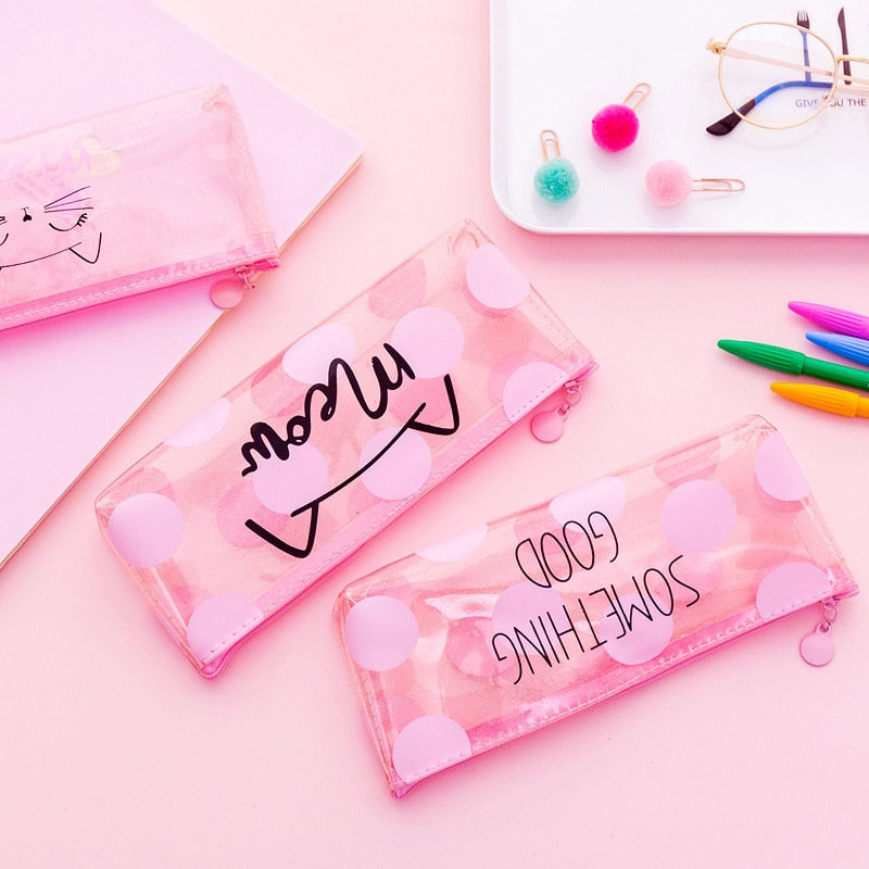 Cute Kawaii pink cat Pencil Case School Supplies for girls Stationery Gift large Pencil bag Transparent pen Bag School Tools