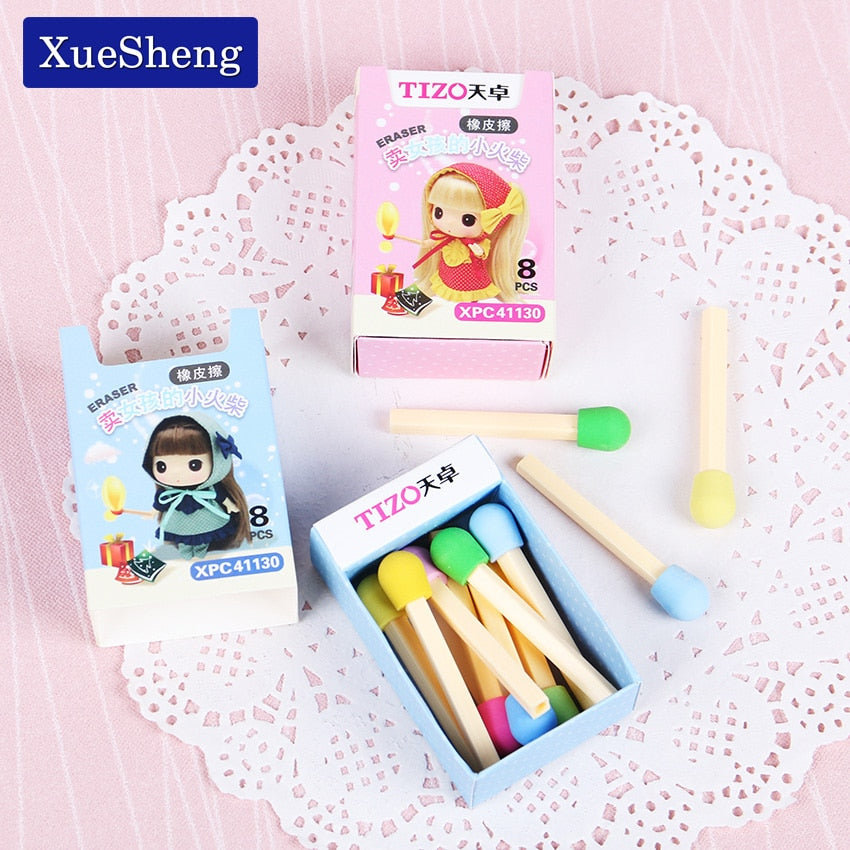 8 PCS/pack Cute Kawaii Matches Eraser Lovely Colored Eraser for Kids Students Kids Creative Item Gift