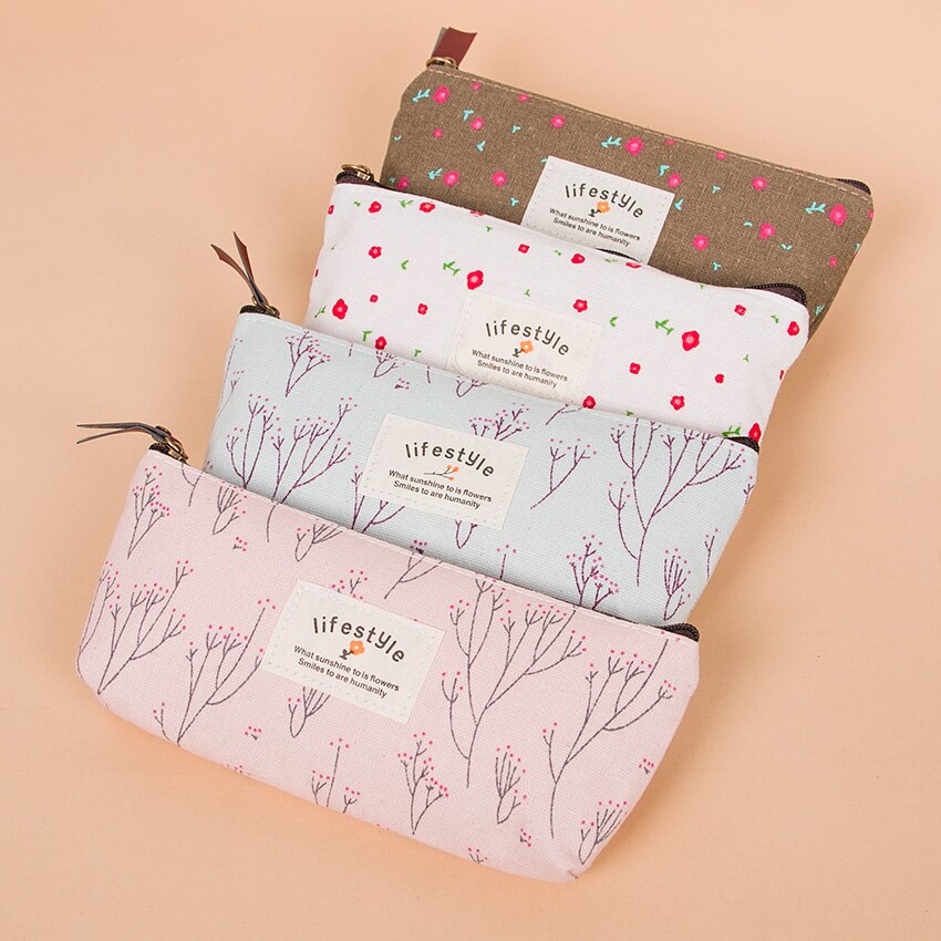 1PC Kawaii Lovely Floral Canvas Zipper Pencil Cases Fabric Flower Tree Pen Bags Plant Stationery Rural Style Pencil Box