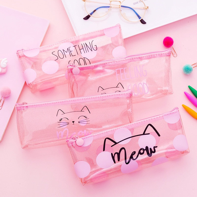 Cute Kawaii pink cat Pencil Case School Supplies for girls Stationery Gift large Pencil bag Transparent pen Bag School Tools