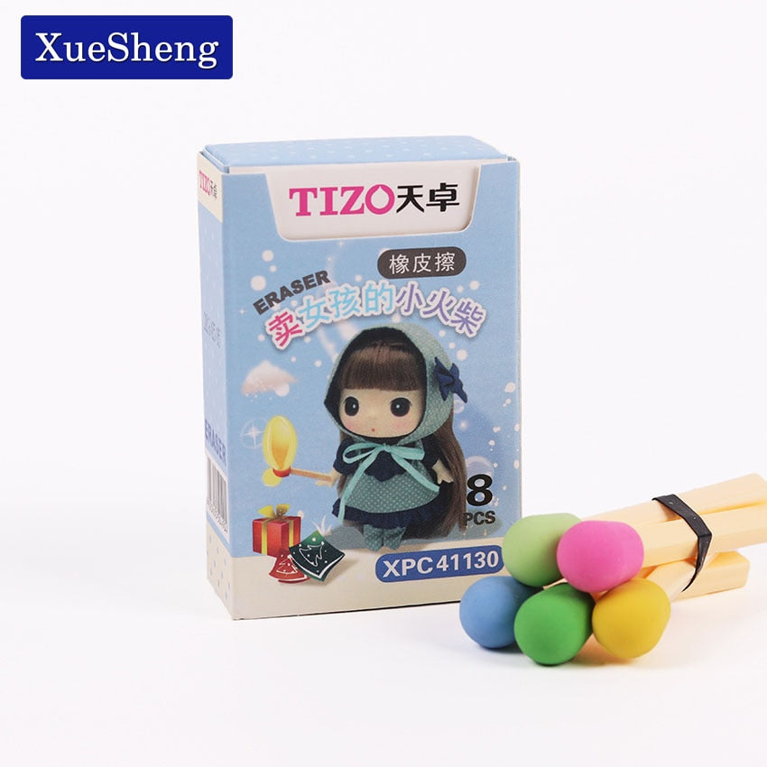 8 PCS/pack Cute Kawaii Matches Eraser Lovely Colored Eraser for Kids Students Kids Creative Item Gift