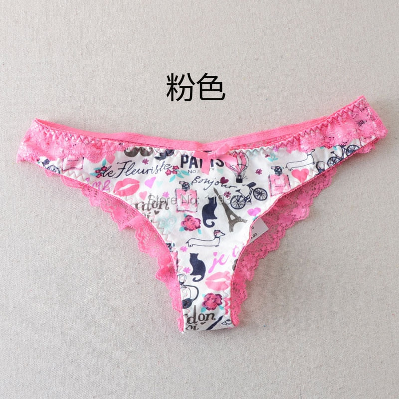 Cute Sexy Girl XXS-L Harajuku Kawaii Fresh Pink Cat Lace Floral Low Rise Briefs G string Underwears Thongs