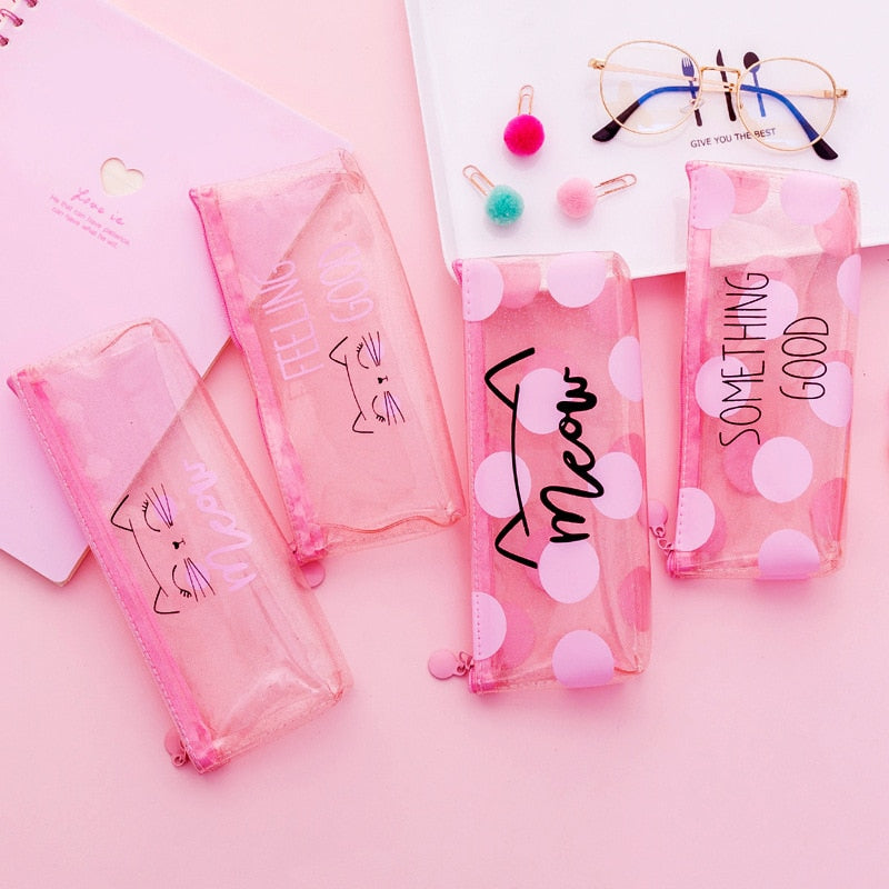 Cute Kawaii pink cat Pencil Case School Supplies for girls Stationery Gift large Pencil bag Transparent pen Bag School Tools