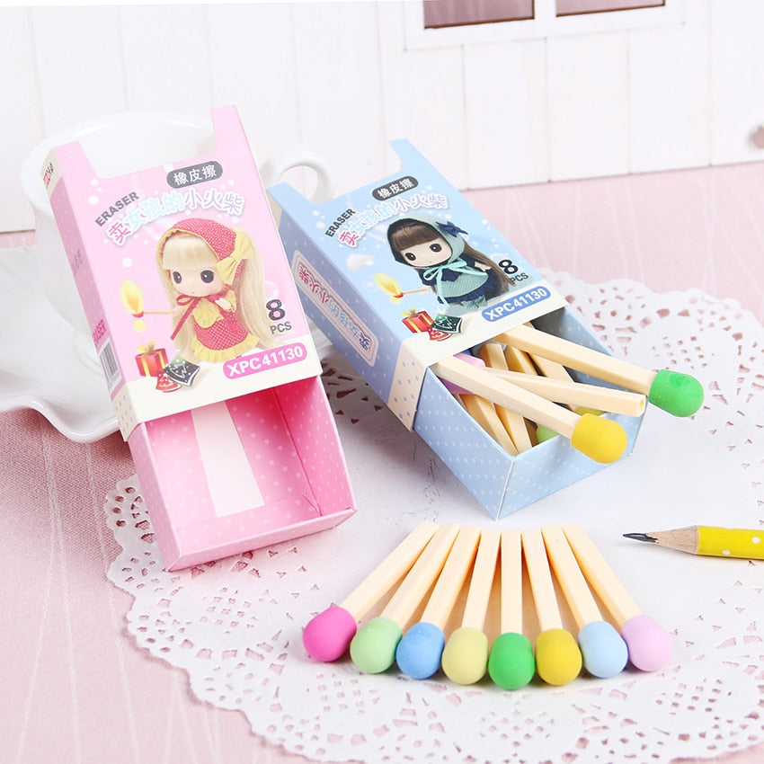 8 PCS/pack Cute Kawaii Matches Eraser Lovely Colored Eraser for Kids Students Kids Creative Item Gift