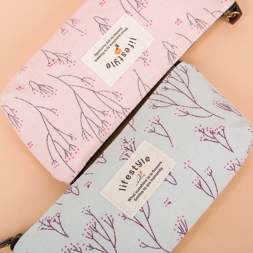 1PC Kawaii Lovely Floral Canvas Zipper Pencil Cases Fabric Flower Tree Pen Bags Plant Stationery Rural Style Pencil Box