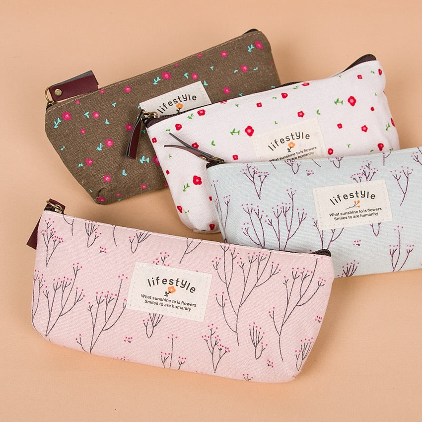 1PC Kawaii Lovely Floral Canvas Zipper Pencil Cases Fabric Flower Tree Pen Bags Plant Stationery Rural Style Pencil Box
