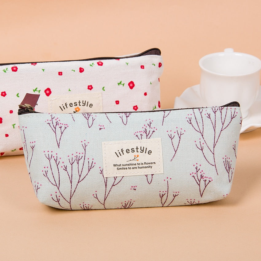 1PC Kawaii Lovely Floral Canvas Zipper Pencil Cases Fabric Flower Tree Pen Bags Plant Stationery Rural Style Pencil Box