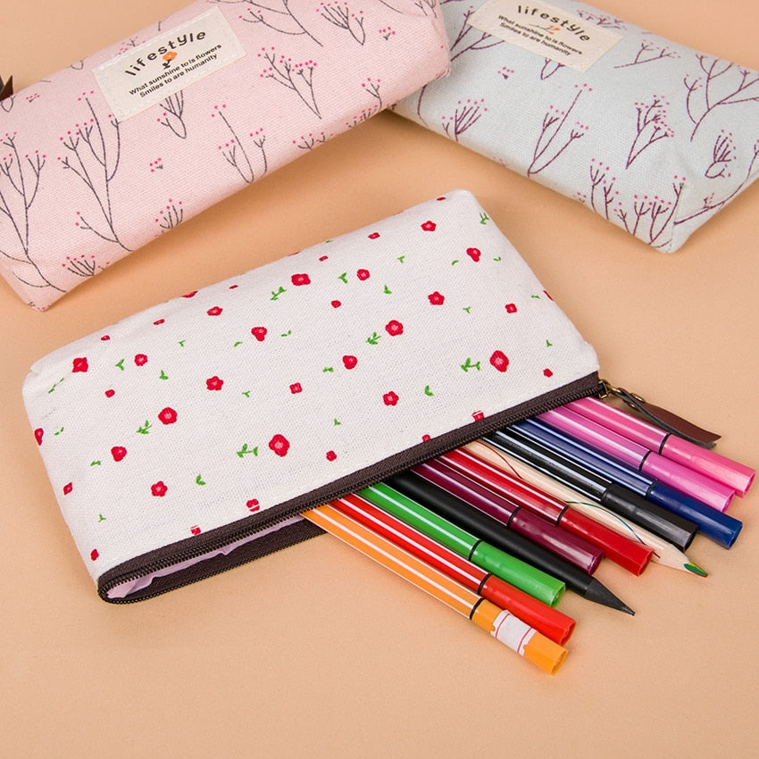 1PC Kawaii Lovely Floral Canvas Zipper Pencil Cases Fabric Flower Tree Pen Bags Plant Stationery Rural Style Pencil Box