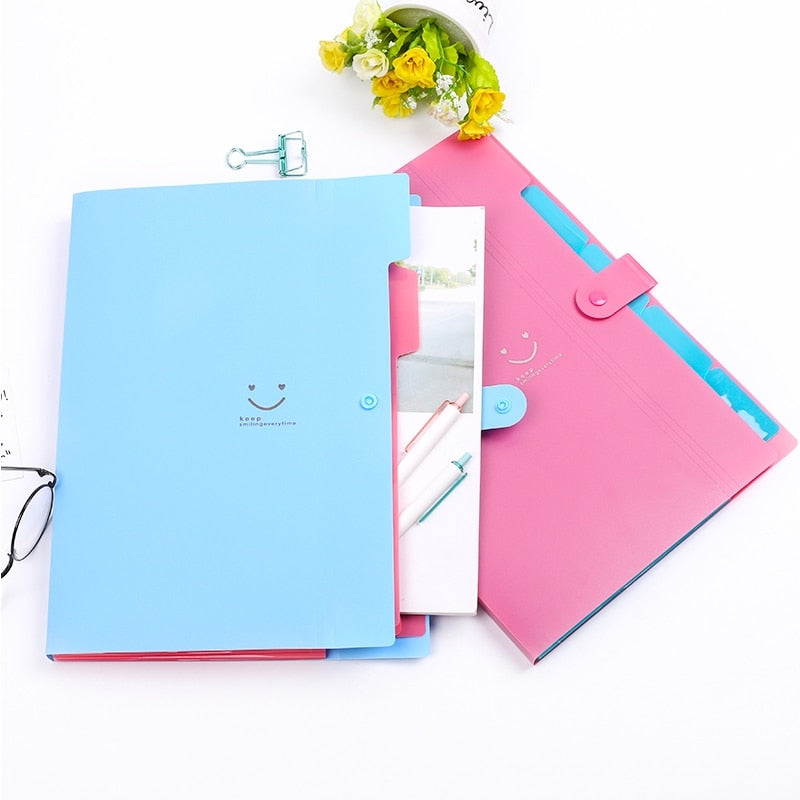 New 4 Color A4 Kawaii Carpetas Smile Waterproof Carpeta File Folder 5 Layers Archivadores Anillas Document Bag Office Stationery