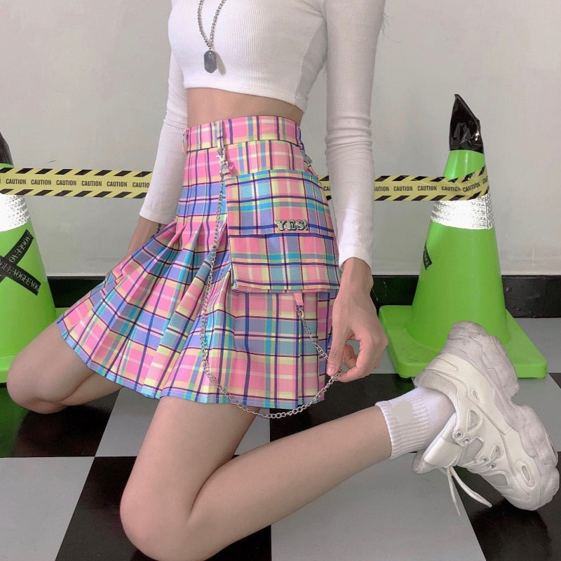 2022 Summer Plaid Y2k Kawaii Pink Woman Mini Skirts Aesthetic A Line Pleated Harajuku Gothic Rainbow Sexy Club Women's Skirts