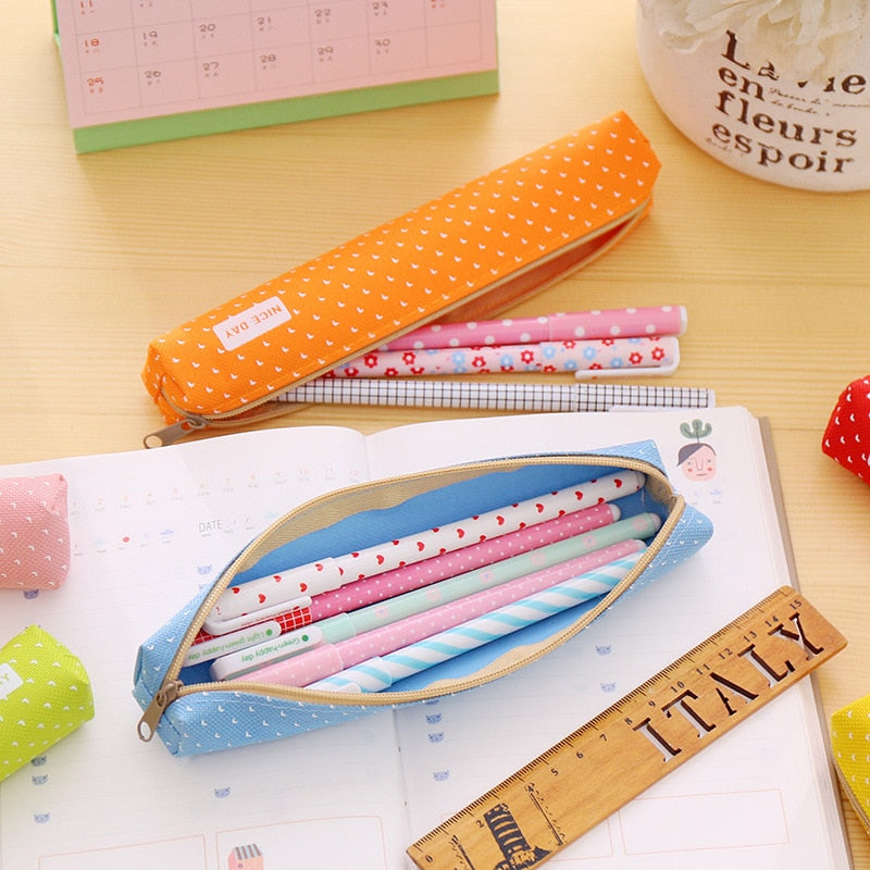 1 Pcs Cute Candy Color Pencil Case Kawaii Dot Canvas Pen Bag Stationery Pouch For Girls Gift Office School Supplies