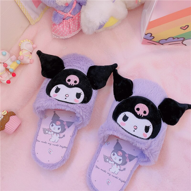 New Winter Kawaii Plush Slippers Cinnamoroll My Melody Kuromi Purin Dog KT Cat Anime Antiskid Warm Lovely Slippers Soft Kid Gift