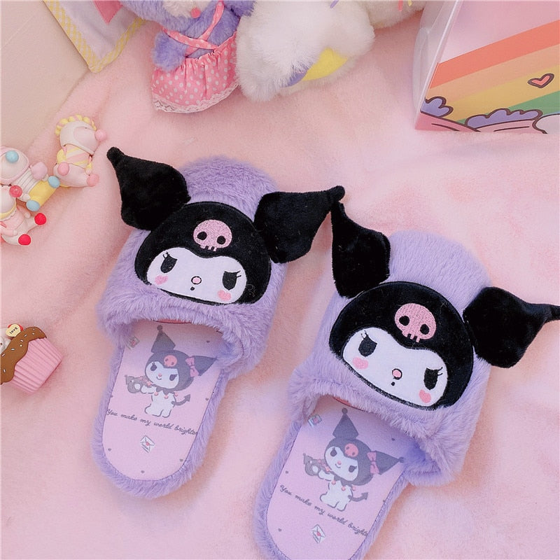 New Winter Kawaii Plush Slippers Cinnamoroll My Melody Kuromi Purin Dog KT Cat Anime Antiskid Warm Lovely Slippers Soft Kid Gift
