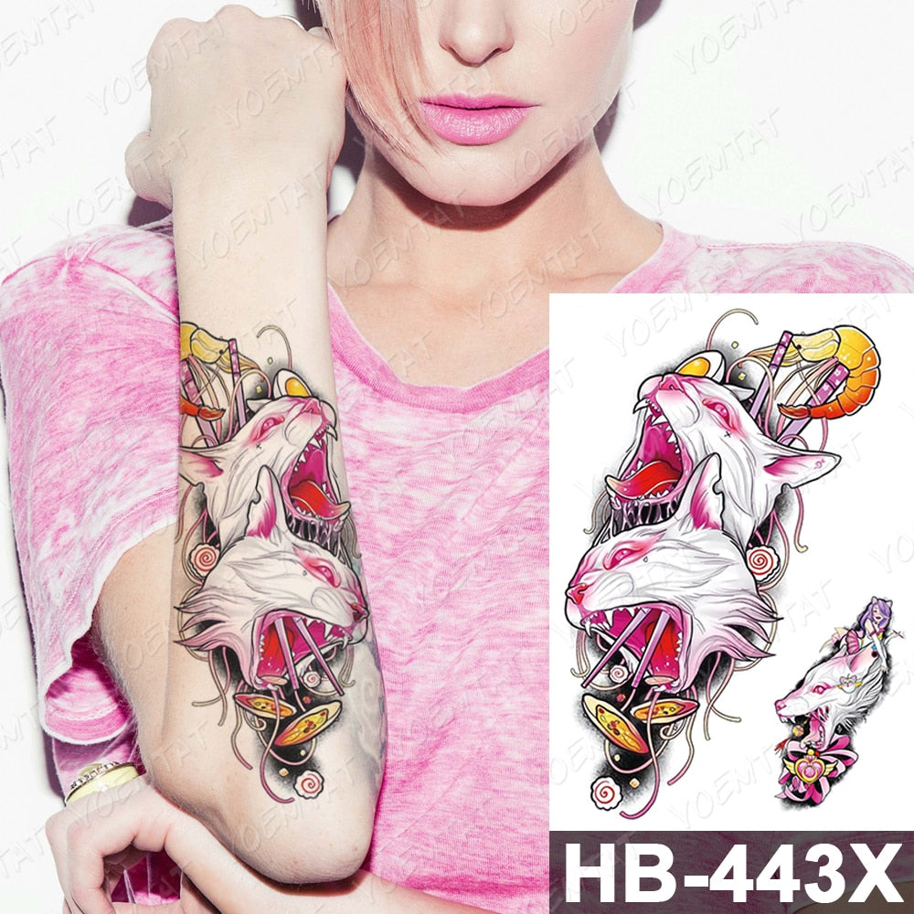 Waterproof Temporary Tattoo Stickers Fox Cat  Anime Kawaii Flash Tatoo Women Men Cute Pink Japanese Body Art Fake Sleeve Tattoos