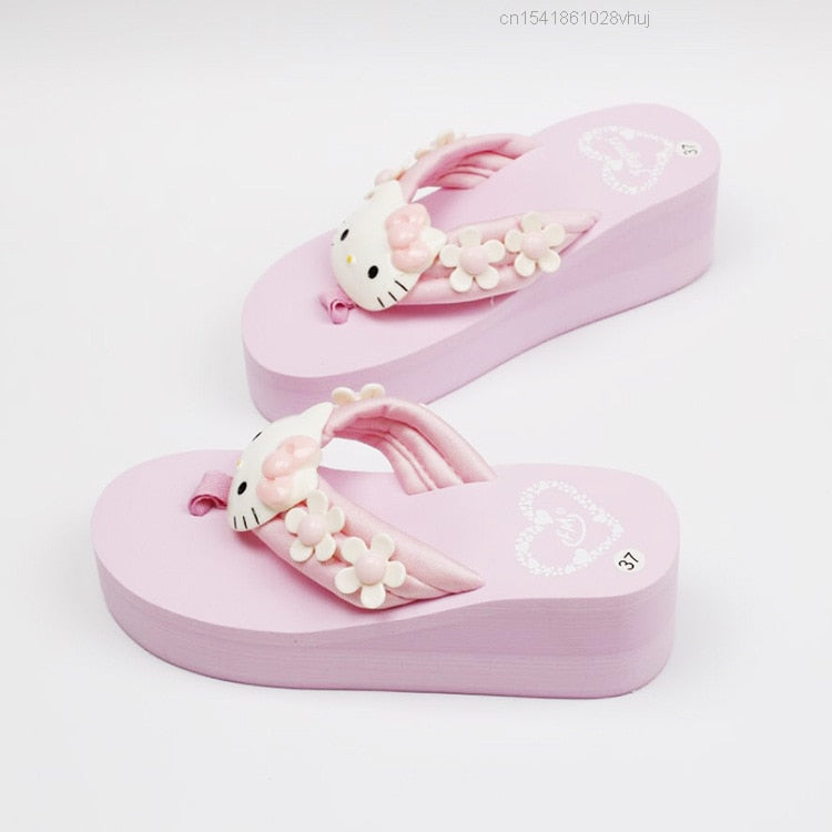 Sanrio Hello Kitty Slippers Y2k Kawaii Cartoon Sandals Fashion Platform Shoes Women Wedge Flip Flop High Heels Slippers Ladies