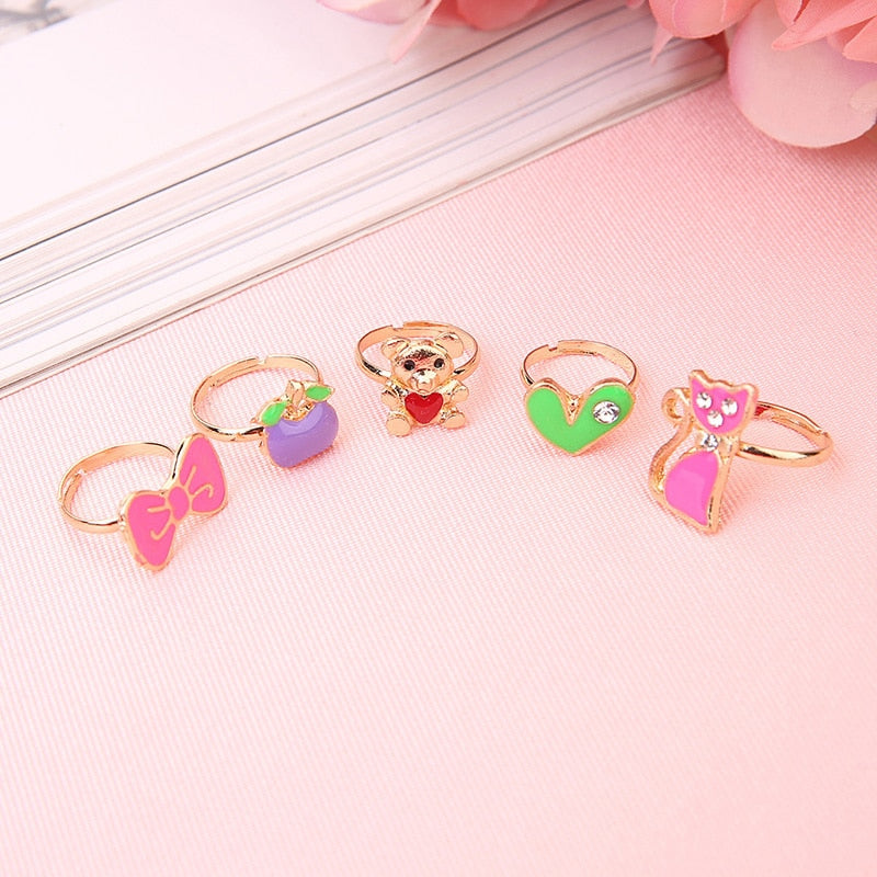 10pcs Cute Cartoon Kids Rings Kawaii Korean Children Girls Flower Alloy Finger Ring Child Jewelry Gift Adjustable Rings