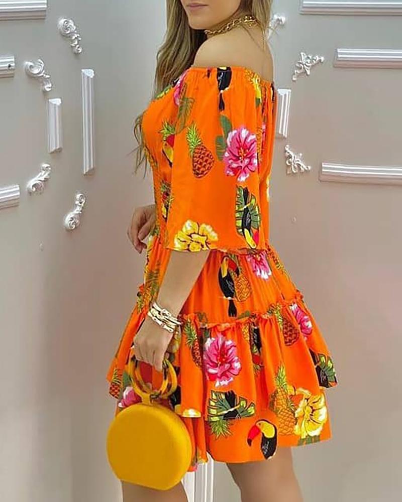 Fashion Elegant Fruit Print Off Shoulder Short Sleeve Kawaii Fairy High Waist Pleated A-Line Dress Summer Women's Party Dress