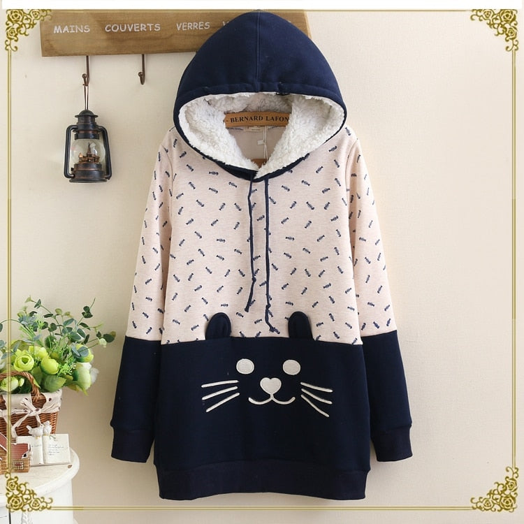 Winter Fleece Kawaii Japanese Pullover Women Cute Sweet Cat Fish Embroidery Mori girls Hoodies Cute Teens Sweatshirts Outwear