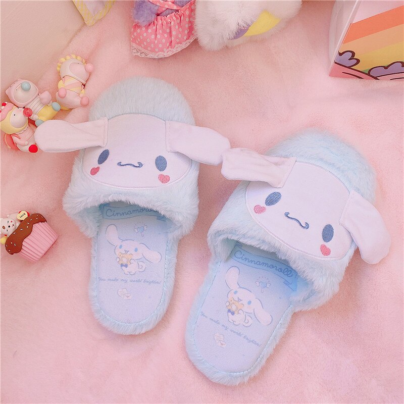 New Winter Kawaii Plush Slippers Cinnamoroll My Melody Kuromi Purin Dog KT Cat Anime Antiskid Warm Lovely Slippers Soft Kid Gift