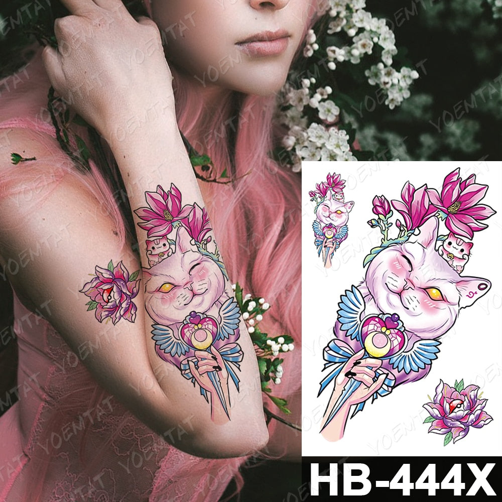 Waterproof Temporary Tattoo Stickers Fox Cat  Anime Kawaii Flash Tatoo Women Men Cute Pink Japanese Body Art Fake Sleeve Tattoos