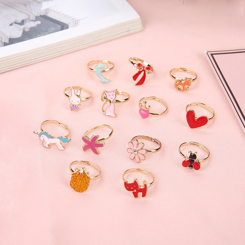 10pcs Cute Cartoon Kids Rings Kawaii Korean Children Girls Flower Alloy Finger Ring Child Jewelry Gift Adjustable Rings