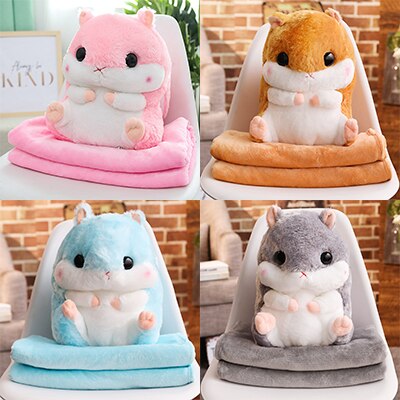 40cm Coloful Stuffed Hamster Animal 3 In 1 Pillow with Blanket Kawaii Plush Mouse Toy for Children Cartoon Gift