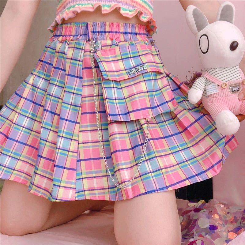 2022 Summer Plaid Y2k Kawaii Pink Woman Mini Skirts Aesthetic A Line Pleated Harajuku Gothic Rainbow Sexy Club Women's Skirts