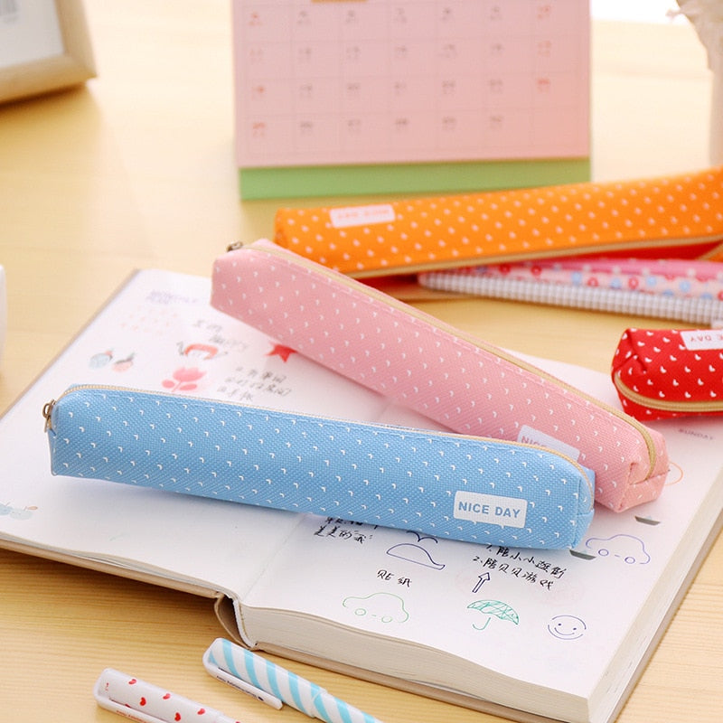 1 Pcs Cute Candy Color Pencil Case Kawaii Dot Canvas Pen Bag Stationery Pouch For Girls Gift Office School Supplies