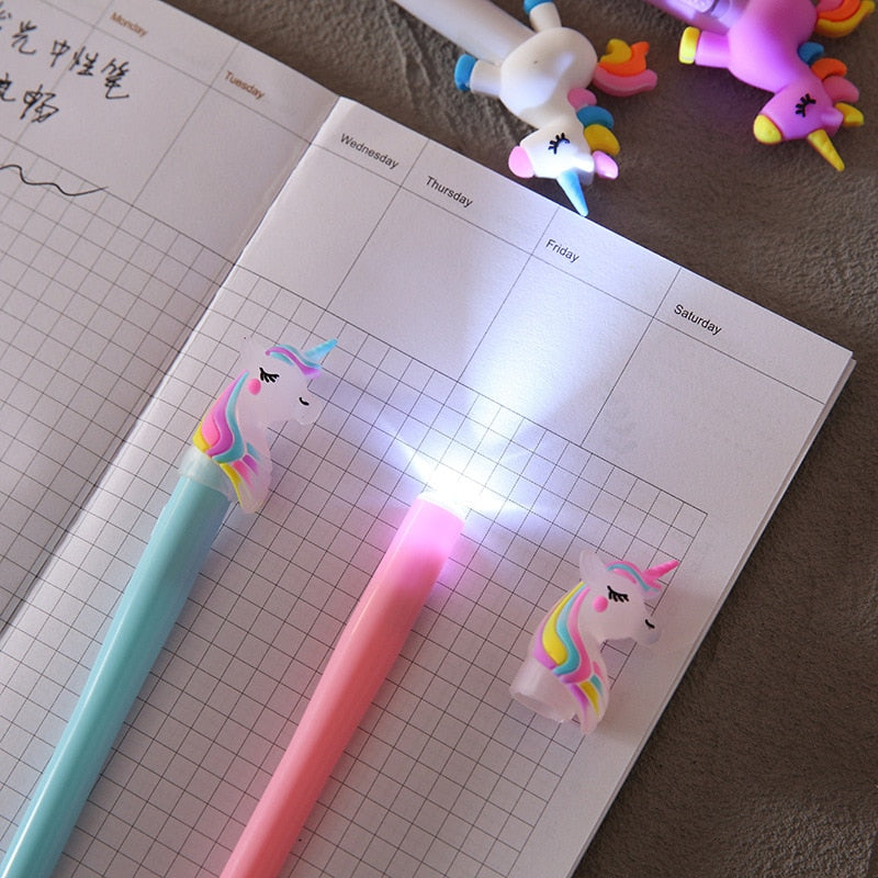 4Pcs/Box Kawaii Bear Pony Unicorn Luminous Pen Stationery Cute Gel Pens School Supplies 0.5mm Gel Ink Black Office Accessories