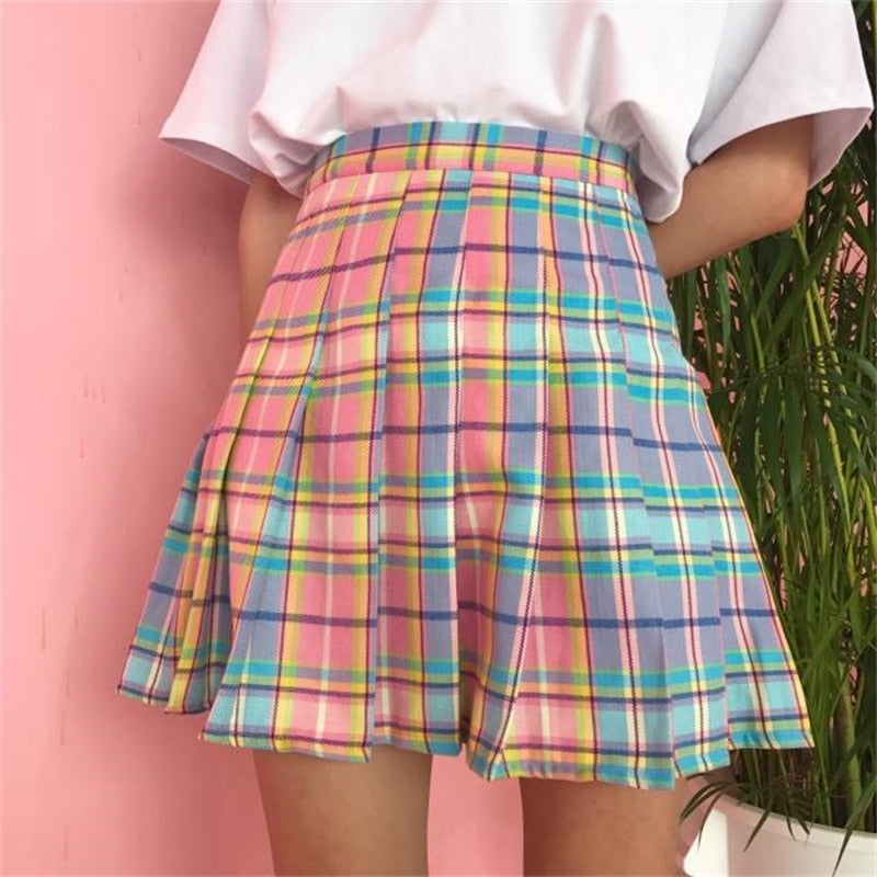 2022 Summer Plaid Y2k Kawaii Pink Woman Mini Skirts Aesthetic A Line Pleated Harajuku Gothic Rainbow Sexy Club Women's Skirts