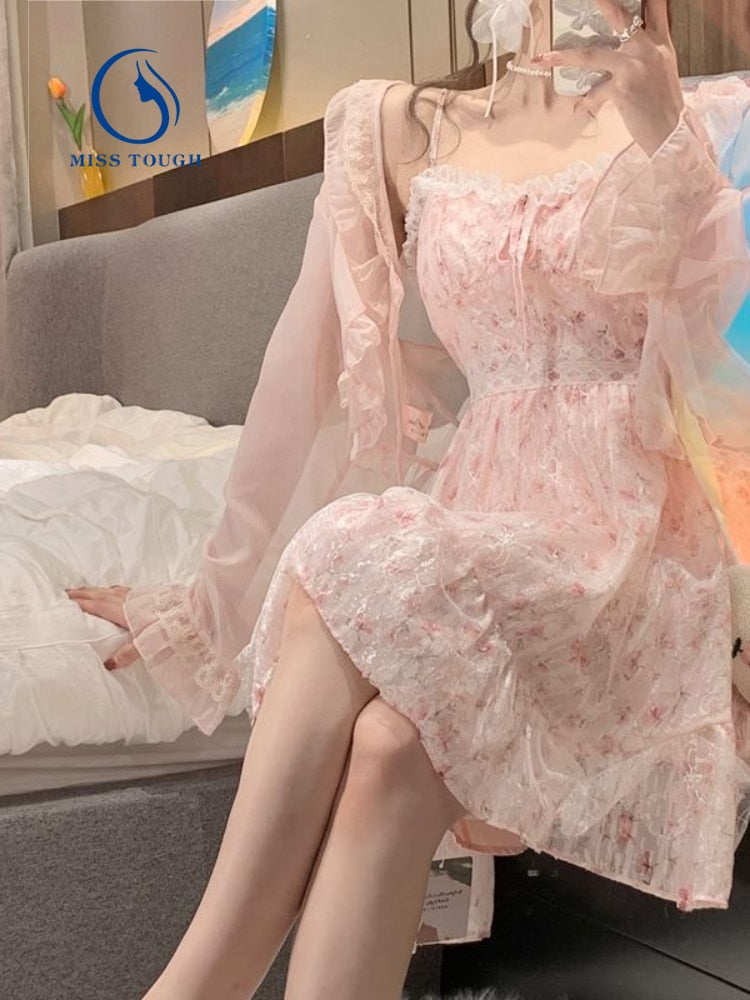 2 Piece Dress Set Women Floral Mini Dress + Casual Blouse Korean Fashion Suits Kawaii Clothing Lolita Dress Party 2022 Summer