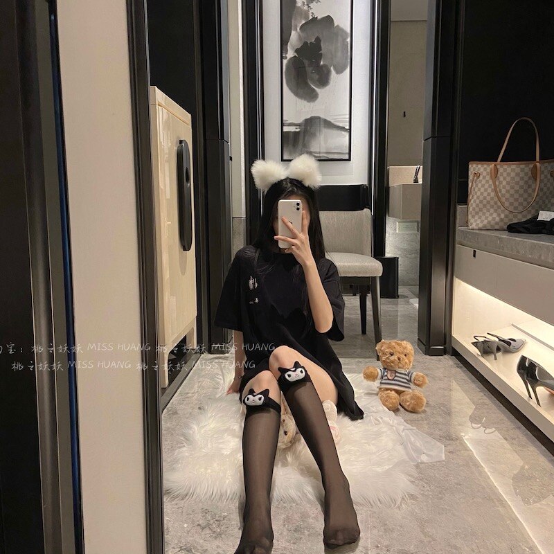 Saniroed My Melody Cinnamoroll Kuromi Plush Doll Y2K Hot Girls Sexy Knee-length Stockings Kawaii Cosplay Black Stockings Gift