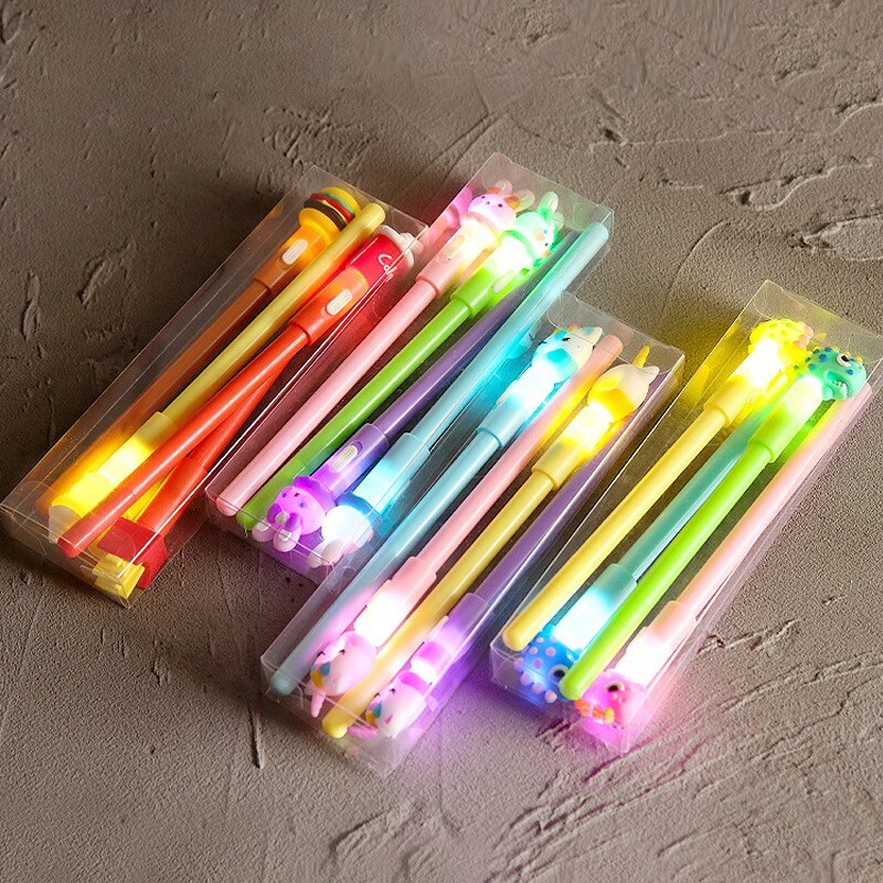 4Pcs/Box Kawaii Bear Pony Unicorn Luminous Pen Stationery Cute Gel Pens School Supplies 0.5mm Gel Ink Black Office Accessories