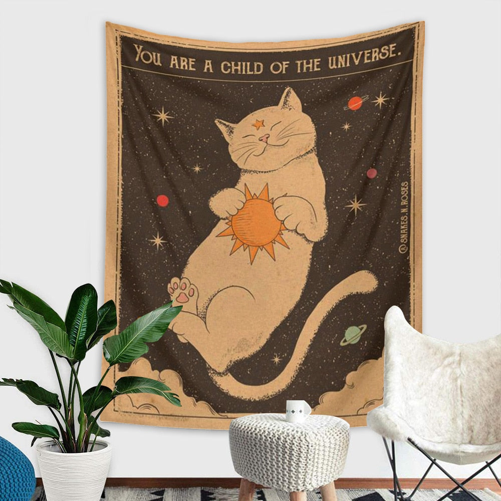 Sun Moon Tarot Tapestry Wall Hanging Boho Tarot Cat Kawaii Room Decor Psychedelic Hippie Tapestry for Kids Room Bedroom Wall Art