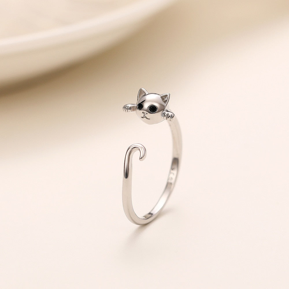 Kawaii Cute Cat Open Ring Silver Color Girl Adjustable Rings For Woman Party Crystal Zircon Fashion Gifts Jewelry