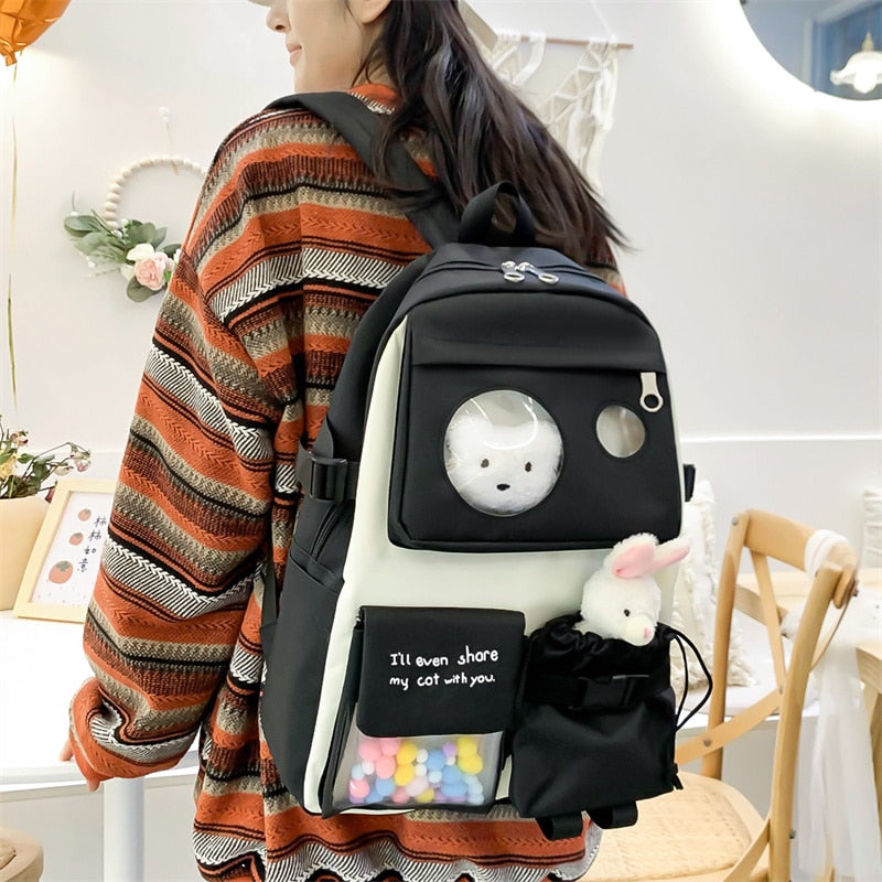 5 Pcs Sets school bags for girls Kids Backpack Children's School Backpack Kawaii Plush rabbit Women's Backpack Bookbag mochilas