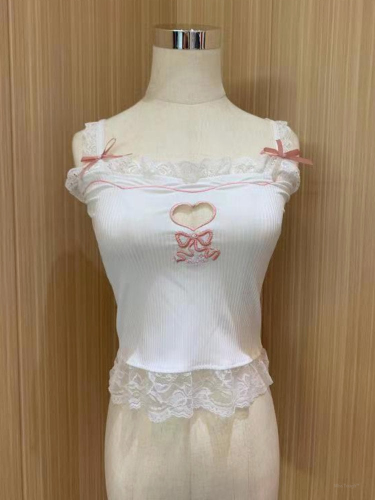 Pink Korean Style Kawaii Lolita Vset Women White Japanese Sweet Cute Tank Top Female Blue Lace Sexy France Princess Crop Top New
